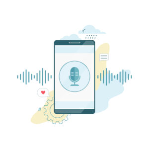 Voice assistant in the mobile phone concept. Digital technology and smart gadget. Sound recognition and voice control. Vector flat illustration